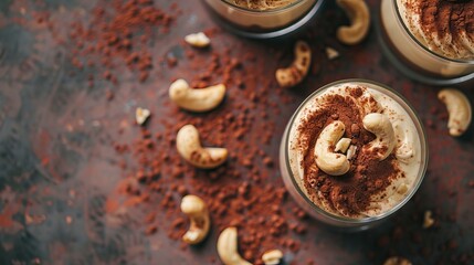 Glasses of creamy dessert topped with cocoa and cashews