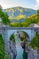 Fototapeta premium Napoleon bridge over Soca river near Kobarid, Slovenia