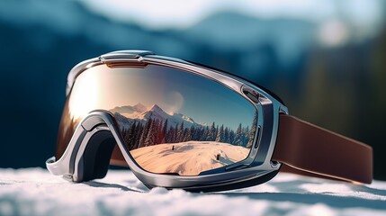 Snowboard Goggles On White Background, Close Up View, The Mountains And Forest Are Reflected In The Glasses. - obrazy, fototapety, plakaty