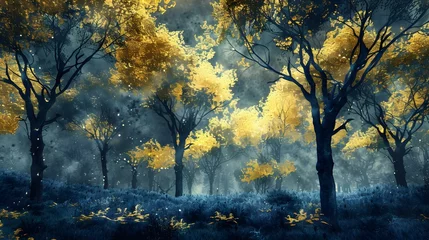Photo sur Aluminium Mur chinois Golden and dark blue and trees painting . Great for wall art and home decor. 