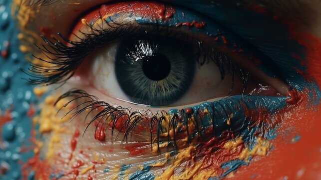 The artist's eyes are colored with paint.