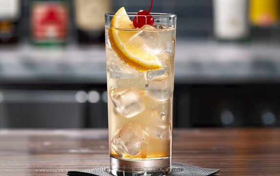 A cocktail called the John Collins expertly prepared in a tall glass with a slice of lime and a maraschino cherry and ice. Gin cocktail, citrus freshness, sugar syrup and sparkling water.