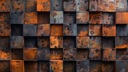 A wall of rusted metal cubes with dark orange and black textures, creating an industrial urban...