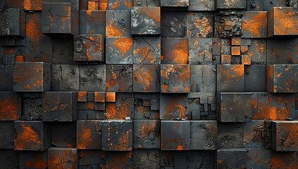 A wall of rusted metal cubes with dark orange and black textures, creating an industrial urban background.