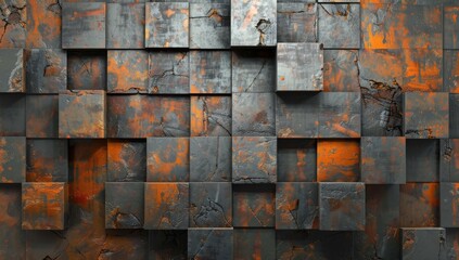 A wall of rusted metal cubes with dark orange and black textures, creating an industrial urban...