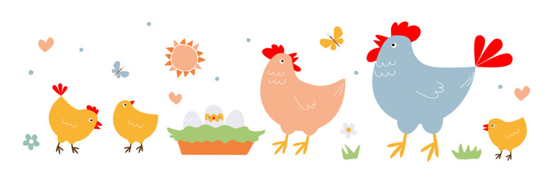 Family poultry. Set of hen, rooster, chicks, nest with eggs in summer. Vector graphics.