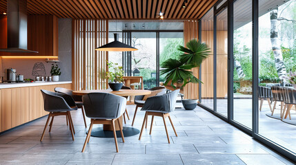 Stylish Modern Dining Room with Natural Light, Elegant Furniture and Plant Decorations, Contemporary Home Design