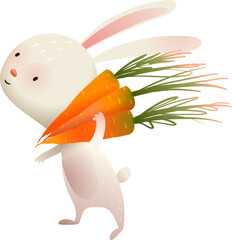 Cute rabbit or bunny character carrying a bunch of carrots cartoon for cooking or farming. Rabbit farmer grow carrots for children. Vector isolated clipart illustration in watercolor style for kids.