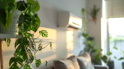 Green plants and wall mounted air conditioner adjusting room temperature in living room
