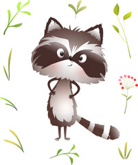 Cute funny angry raccoon animal character for kids. Playful emotional raccoon design for kids story or project. Vector animal, lovely character illustrated in watercolor style for children.