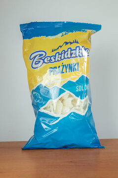 Pruszcz Gdanski, Poland - April 1, 2024: Beskidzkie potato crisps salted chips knows in Poland as prazynki.