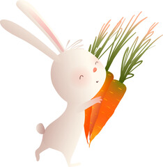 Rabbit bunny character carry or hug carrots, cooking or farming animal. Vegetarian rabbit farmer loves carrots, cartoon for children. Vector isolated clipart illustration in watercolor style for kids.
