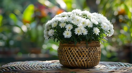 White chrysanthemum flowers in a woven bamboo pot,Sumedang,Indonesia