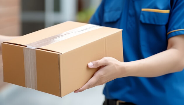 Courier man or woman hands delivering cardboard box at client home, office or comany during day on blurred urban background. Messenger and delivery service concept. 