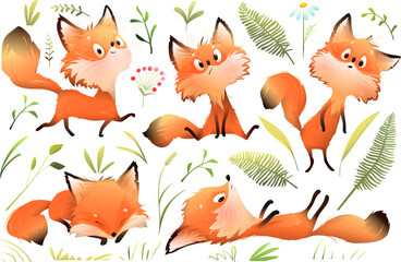 Fox mascot character poses for kids illustration book. Playful fox animation, forest animal in action for a fairytale story. Vector hand drawn character design for children in watercolor style.