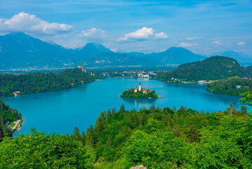 Aerial view of lake Bled in Slovenia