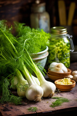 Healthy herb fennel in a cozy country kitchen, close up. Generative AI tools