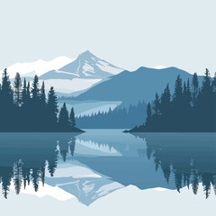 A natural landscape consisting of a snowy mountain, a clear lake and wonderful pine trees. Vector illustration.