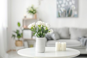 Fresh flowers in white vase placed on small table in bright room interior with paintings, potted plants and candles on shelves in blurred background
