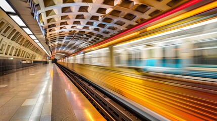 metro train driving through empty subway station with motion blur