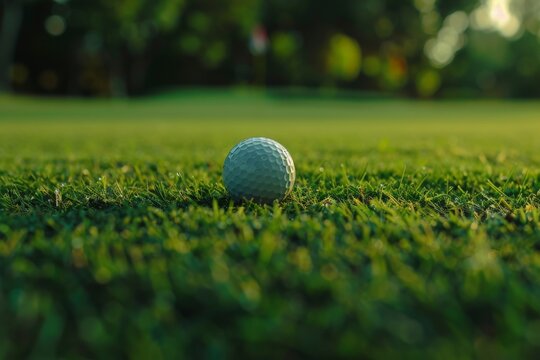 Close-up Golf Ball on Tee with Bokeh Green Background - Sports Concept for Golf Enthusiasts. Beautiful simple AI generated image in 4K, unique.