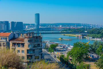 Downtown Belgrade viewed behind the Sava river in Serbia - obrazy, fototapety, plakaty