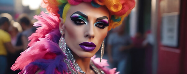 Portrait of a drag queen. Man dressed up as a woman on colorful attire - obrazy, fototapety, plakaty
