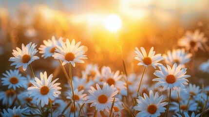 Field of White Daisies Bathed in Sunlight - obrazy, fototapety, plakaty