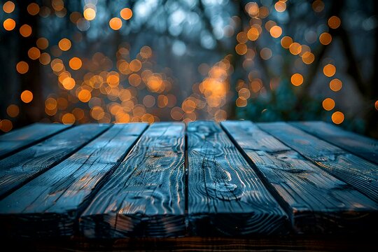 A wooden table is featured with soft, blurred lights in the background, creating a warm ambiance