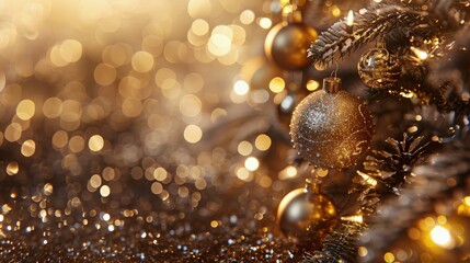 Close Up of a Christmas Tree With Gold Ornaments
