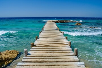 A wooden pier with a blue and white color scheme. The pier is located in the ocean and is...