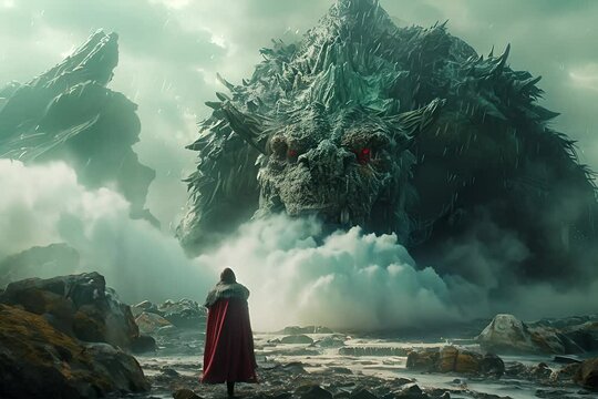 A man bravely stands before a massive, otherworldly monster, showcasing the stark size difference between them