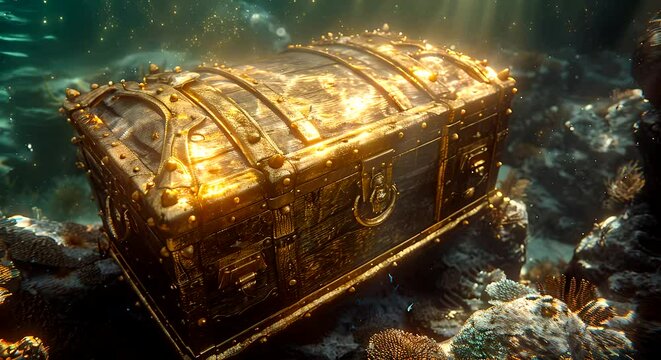 A large chest floats in the middle of the ocean, bobbing up and down in the waves, surrounded by vast open water