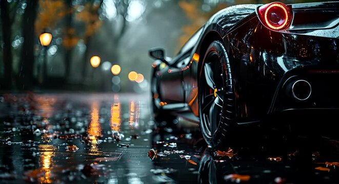 A black sports car sits parked in the rain, reflecting the water on its sleek surface
