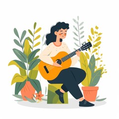 Illustration of a young woman playing guitar for a houseplant in minimalist flat style. Love for nature and plants, youthful woman, romance, greening, home comfort, urban jungle, hipster.
