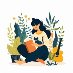 Illustration of a young woman playing guitar for a houseplant and cat in minimalist flat style. Love for nature and plants, youthful woman, romance, greening, home comfort, urban jungle, hipster.