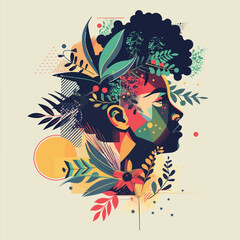 Vector illustration of beautiful female face decorated with flowers and leaves. Side view.