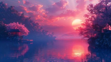 Japanese sunset with vaporwave vibe. Generative AI