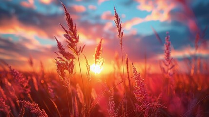 Sun Setting Over Tall Grass Field