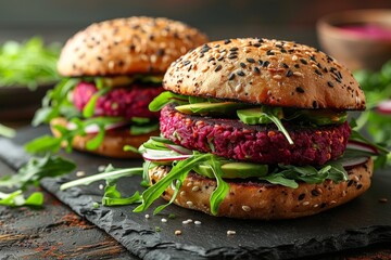 Vegan beetroot burger on rustic background