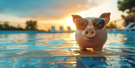 Piggy bank on a summer holiday relaxing by a pool. Travel cost and saving concept