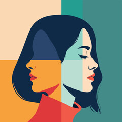Two women's faces, back to back. Artboard divided into quarters. Quartered woman emotions