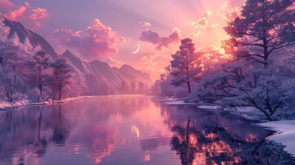 Fototapeta premium Japanese sunset with vaporwave vibe. Generative AI