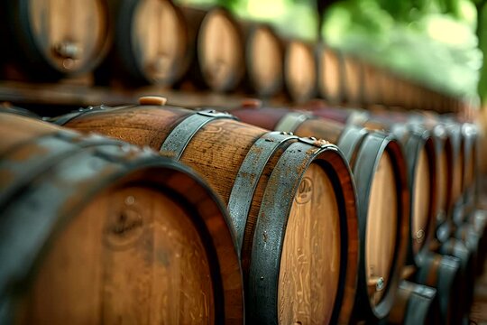 A row of wine barrels is neatly lined up in a winery, showcasing the storage and aging process of wine production