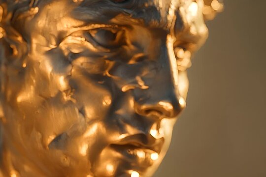 View a detailed close-up of a majestic gold statue depicting a man, showcasing intricate craftsmanship and design