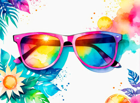 Fototapeta Watercolor illustration of colorful bright sunglasses against abstract summer time background