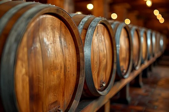A row of wine barrels neatly lined up in a winery, showcasing the process of wine aging and storage in a traditional setting