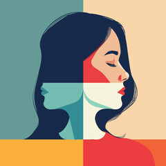 Two women's faces, back to back. Artboard divided into quarters. Quartered woman emotions