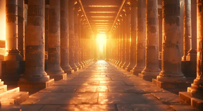 The suns rays illuminate the pillars of a building, creating a striking visual effect