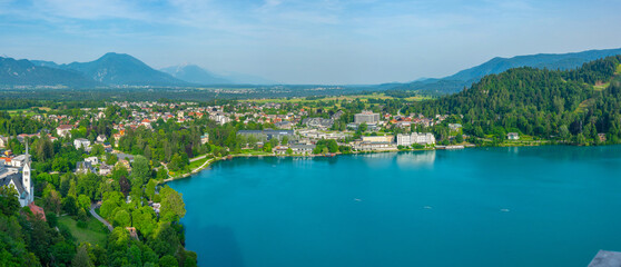 Aerial view of Hotels situated at lake Bled in Slovenia